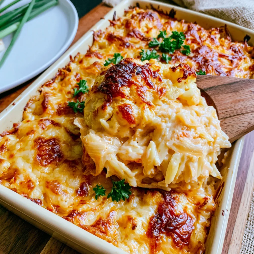 Buffalo Cauliflower Cheesy Orzo Bake Recipe
