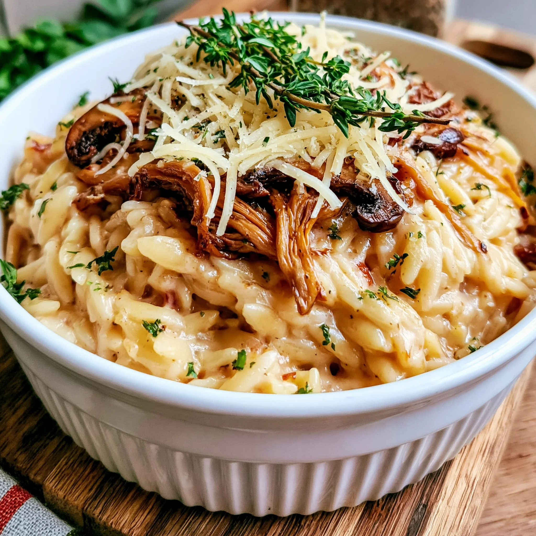 Wild Mushroom and Thyme Cheesy Orzo Recipe