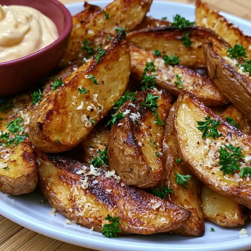 Air Fryer Crispy Potato Wedges Recipe with Garlic Aioli Dip