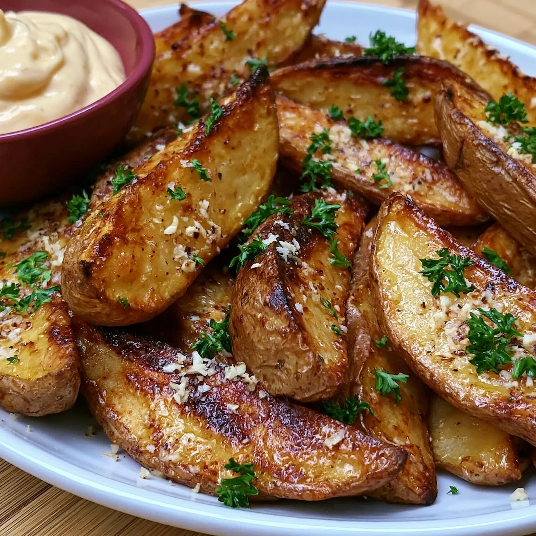 Air Fryer Crispy Potato Wedges Recipe with Garlic Aioli Dip