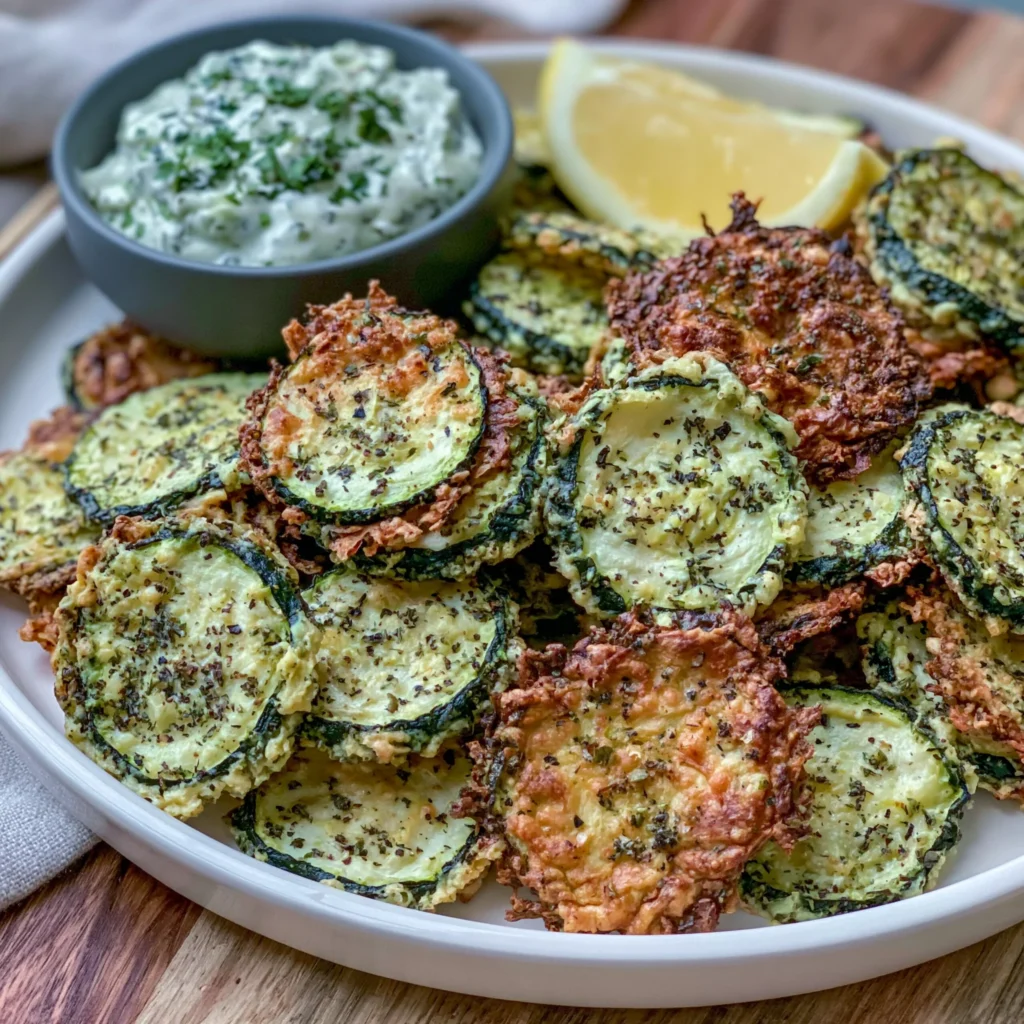 Crispy Air Fryer Zucchini Chips Recipe with Lemon Herb Sauce