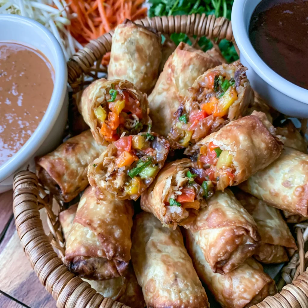 Healthy Air Fryer Chicken and Veggie Spring Rolls Recipe with Peanut Sauce