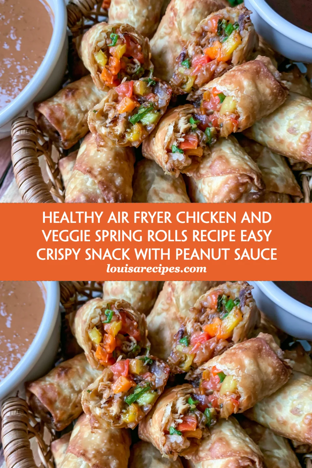 Crispy Healthy Air Fryer Chicken and Veggie Spring Rolls with Peanut Sauce Recipe