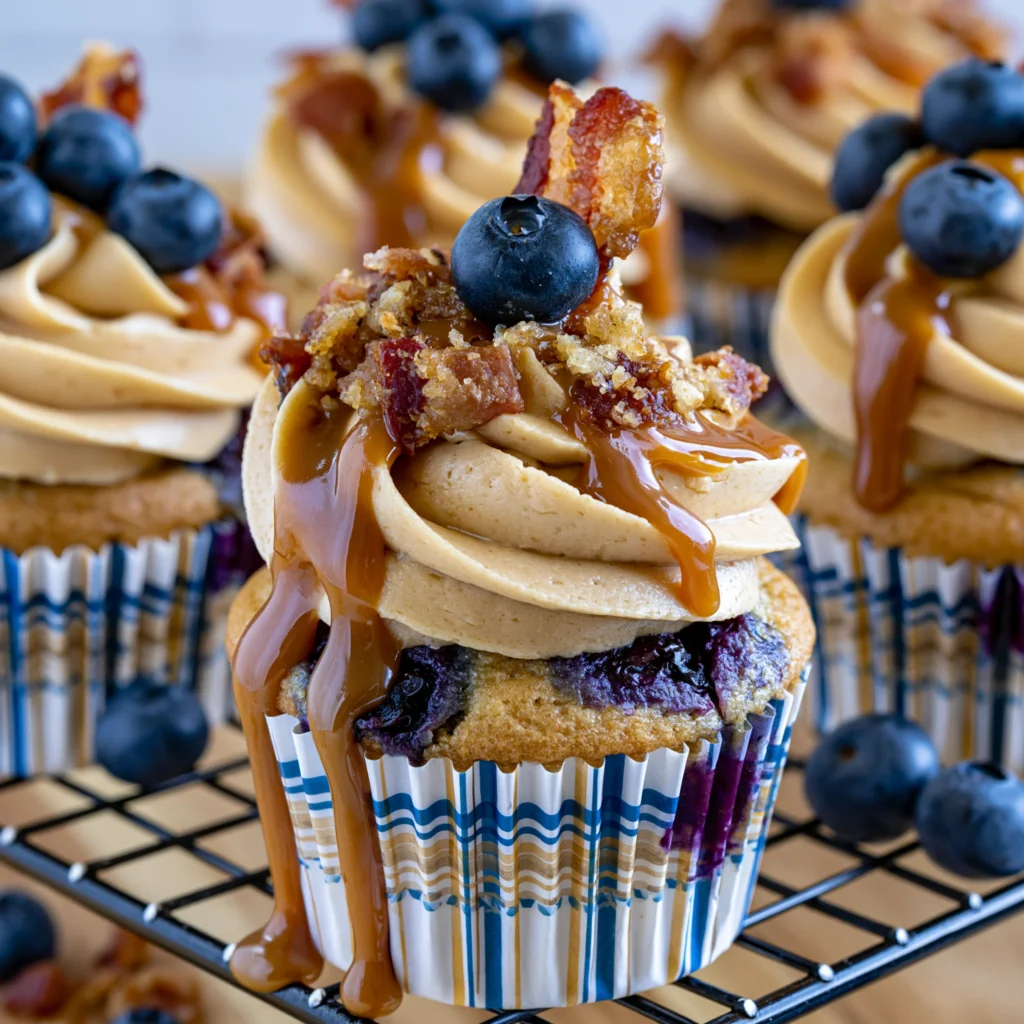 Indulgent Blueberry Bacon Cupcakes Recipe with Caramel Buttercream Frosting