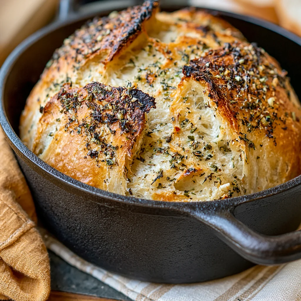No Knead Garlic Herb Dutch Oven Bread Recipe (Crispy Crust)
