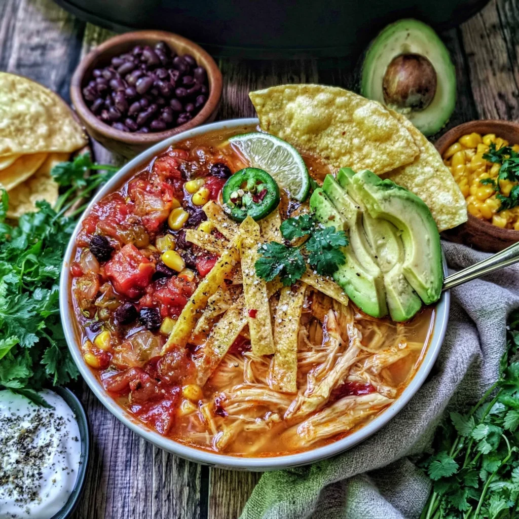 Slow Cooker Chicken Tortilla Soup Recipe with Avocado and Crispy Strips