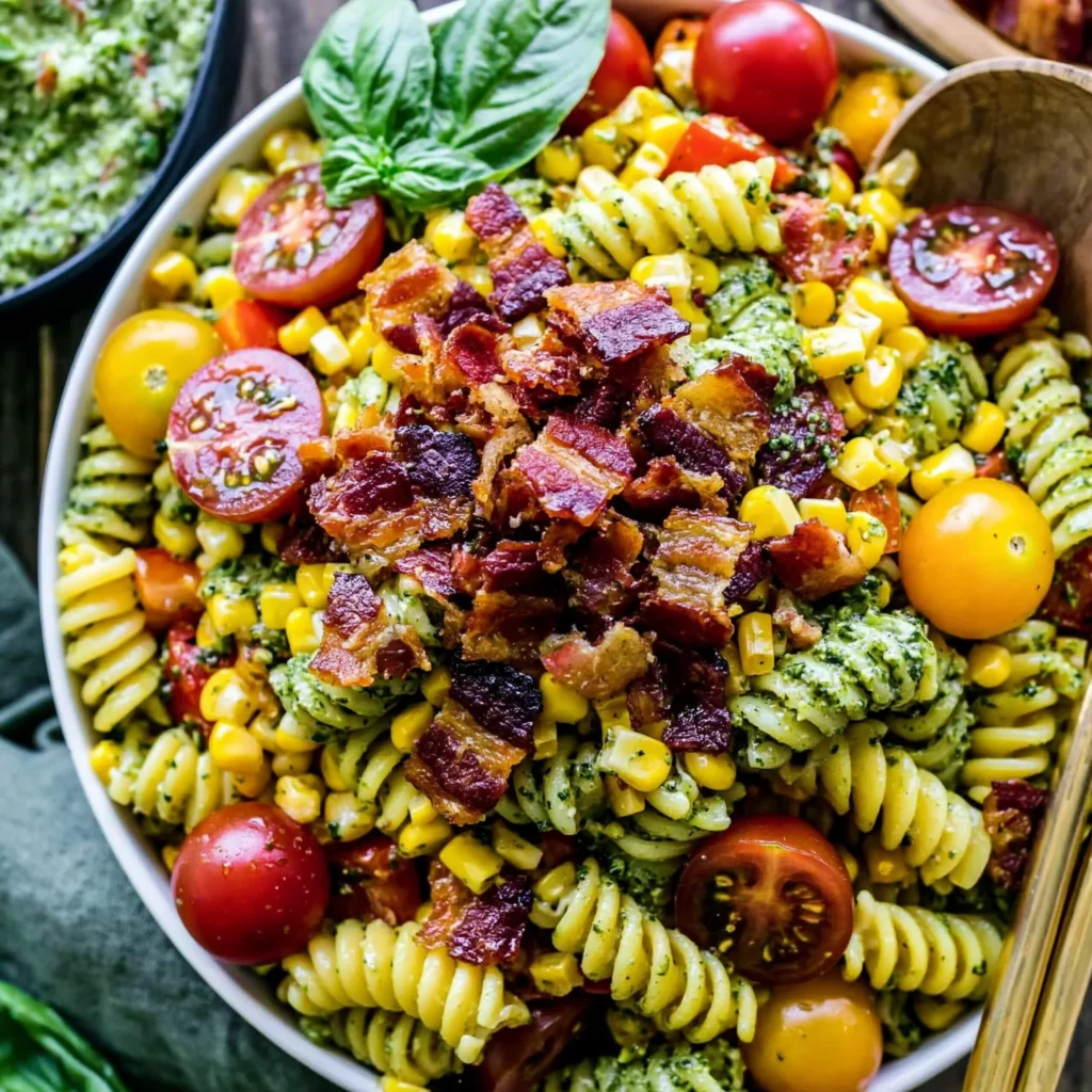 Delicious Corn Pasta Salad with Bacon and Creamy Pesto Recipe