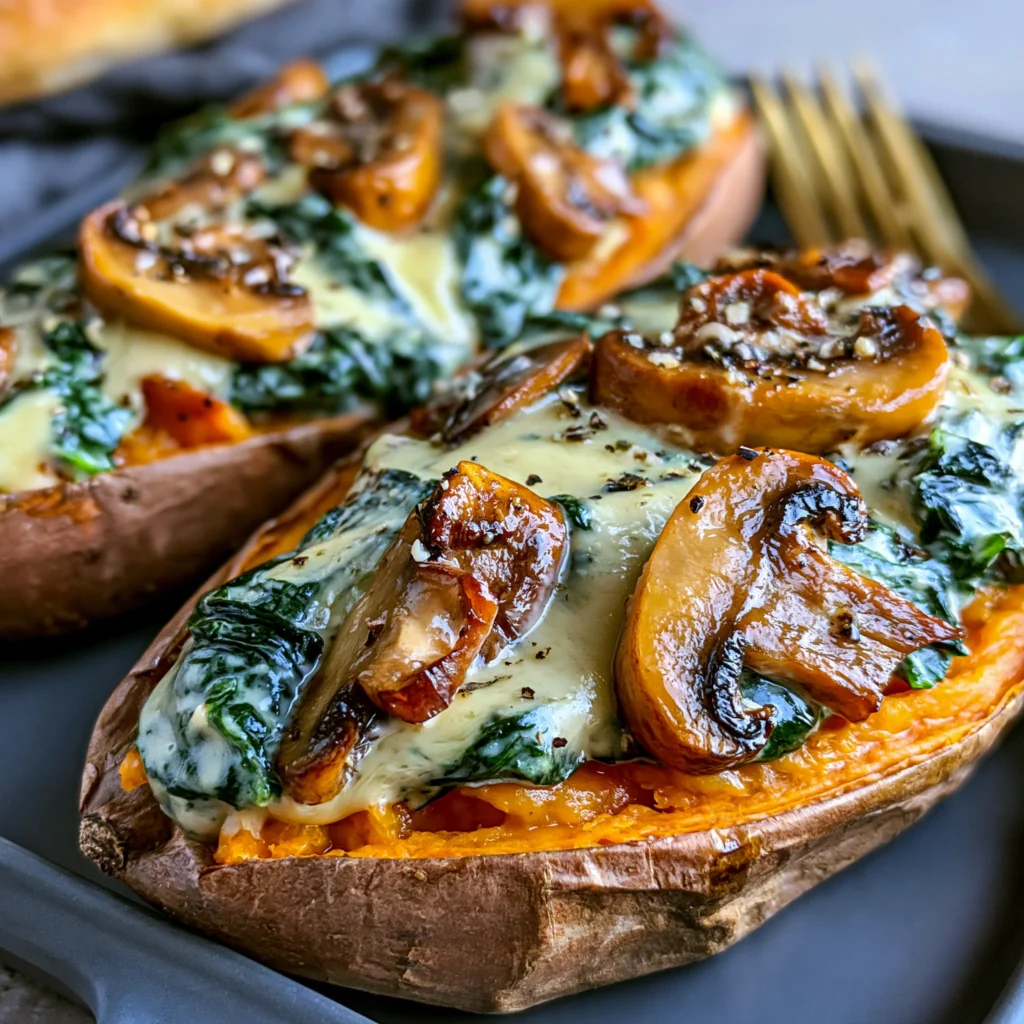 Savory Creamy Spinach Mushroom Sweet Potatoes Recipe