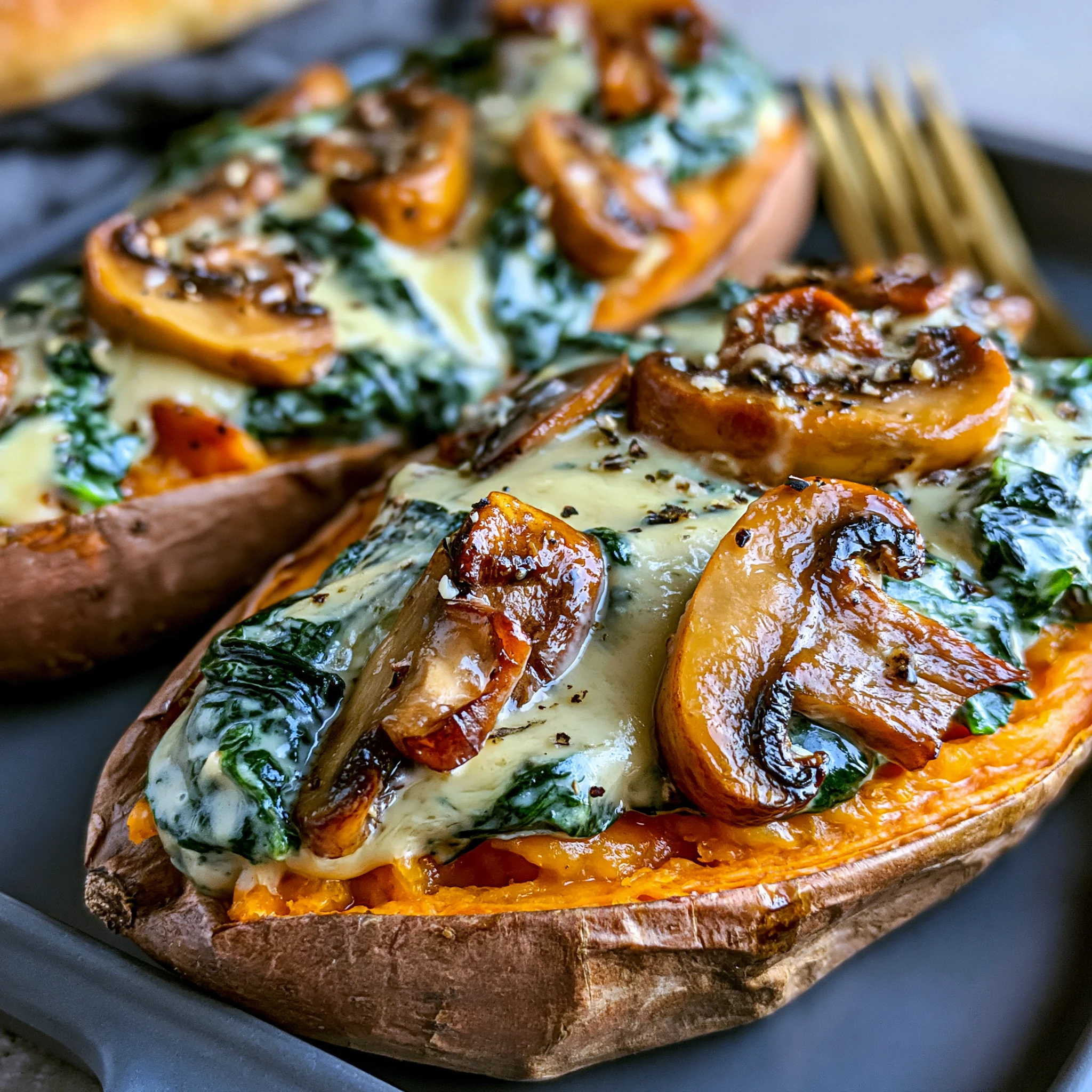 Savory Creamy Spinach Mushroom Sweet Potatoes Recipe